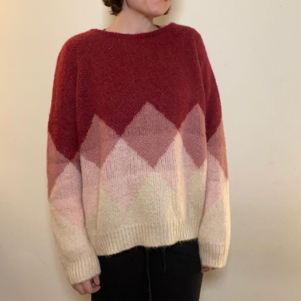 Sezane Red and Pink Crew Neck Sweater